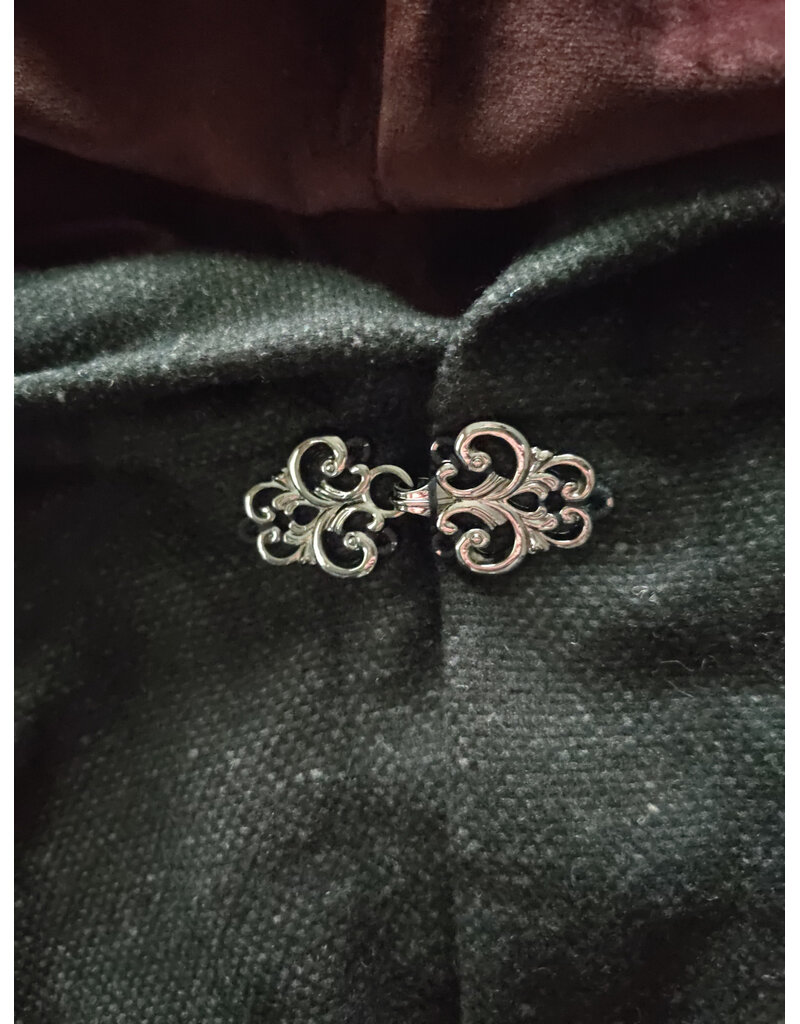 Cloakmakers.com 6065-Washable Charcoal Black Wool Blend Cloak w/ Red Wine Merlot Velvet Hood Lining & Silver Tone Clasp
