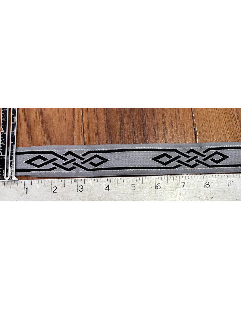 Cloakmakers.com Mongolian Celtic Knot Trim, Black/Silver on Grey
