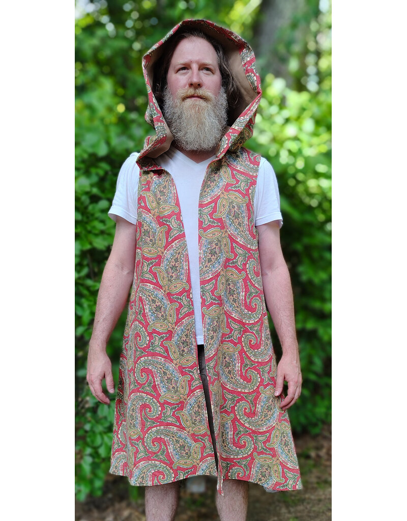 Cloakmakers.com J924-Washable Red, Green, & Blue Paisley Cotton Hooded Vest w/ Pockets
