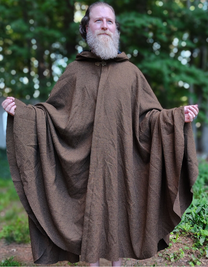 Cloakmakers.com 6067-Washable Greenish Brown Ranger Cloak w/ Black Velvet Hood Lining & Bronze Tone Clasp