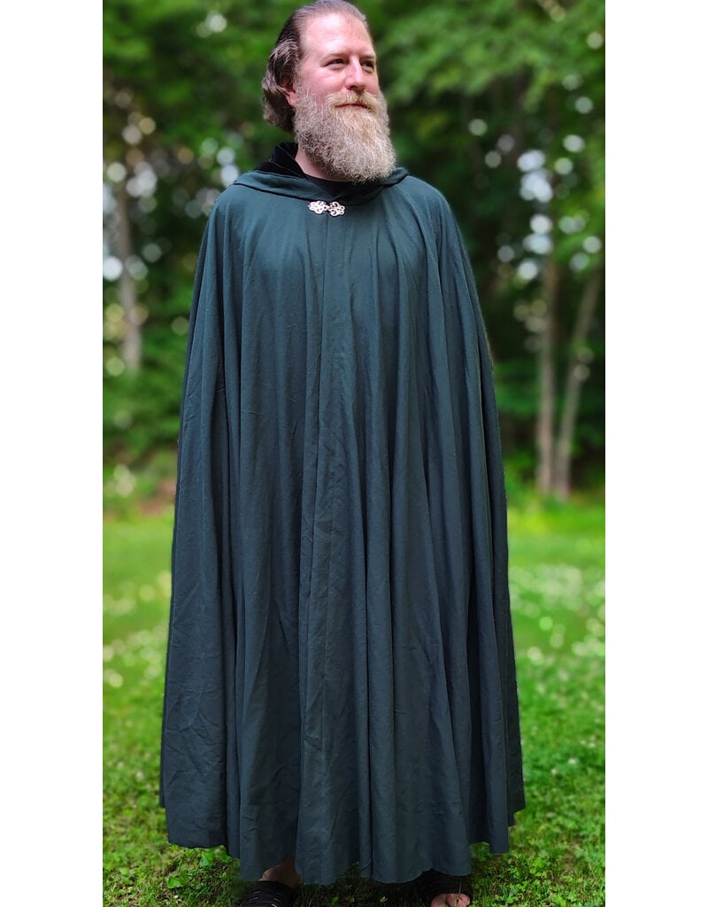Cloakmakers.com 6068-Washable Lightweight Forest Green Wool Cloak w/ Black Velvet Hood Lining & Silver Tone Clasp