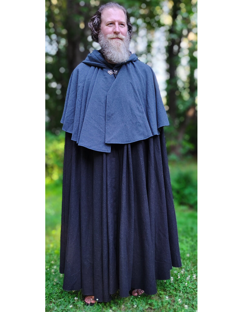 Cloakmakers.com 6069-Washable Dual Layer Blue & Charcoal Wool Blend Mantel Cloak w/ Black Velvet Hood Lining & Pockets