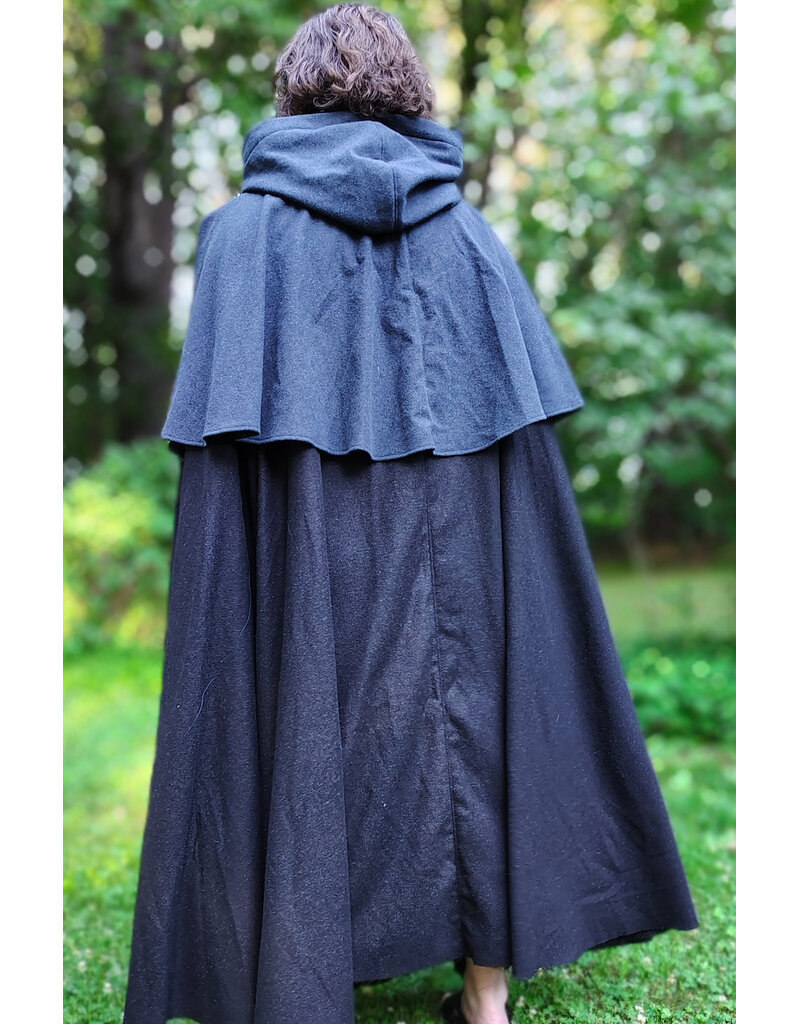 Cloakmakers.com 6069-Washable Dual Layer Blue & Charcoal Wool Blend Mantel Cloak w/ Black Velvet Hood Lining & Pockets