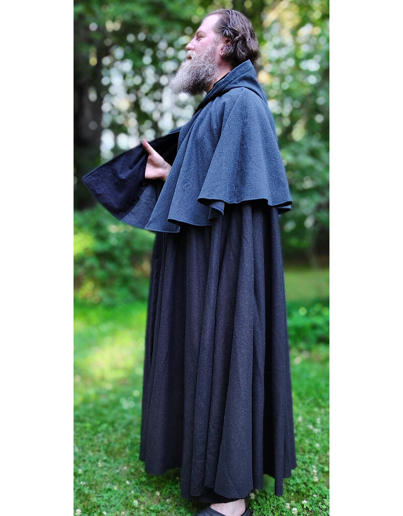 Cloakmakers.com 6069-Washable Dual Layer Blue & Charcoal Wool Blend Mantel Cloak w/ Black Velvet Hood Lining & Pockets