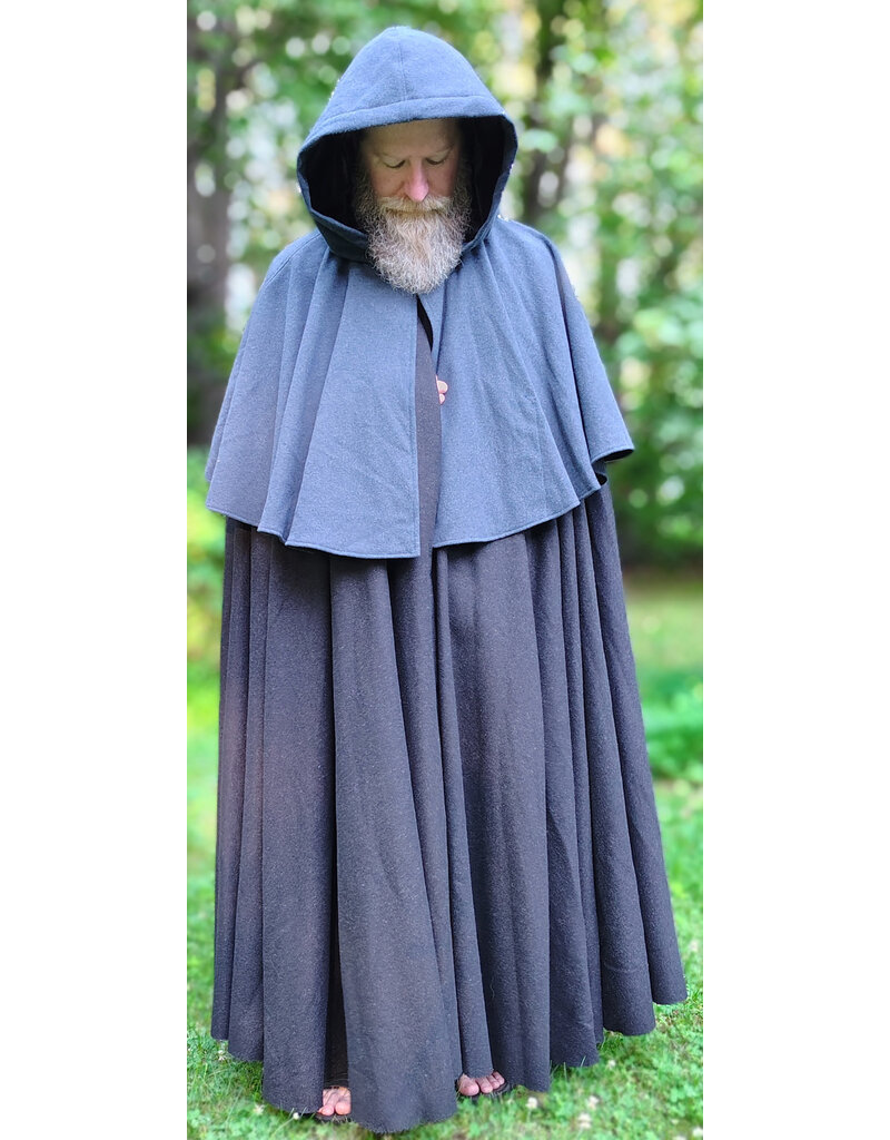 Cloakmakers.com 6069-Washable Dual Layer Blue & Charcoal Wool Blend Mantel Cloak w/ Black Velvet Hood Lining & Pockets