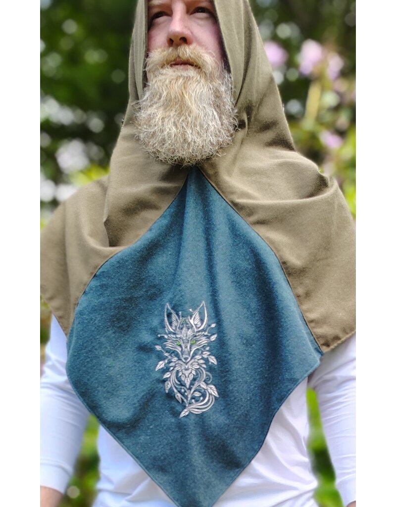 Cloakmakers.com H578-Washable Green Wool Blend Viking Hood w/ Silver Fox Embroidery