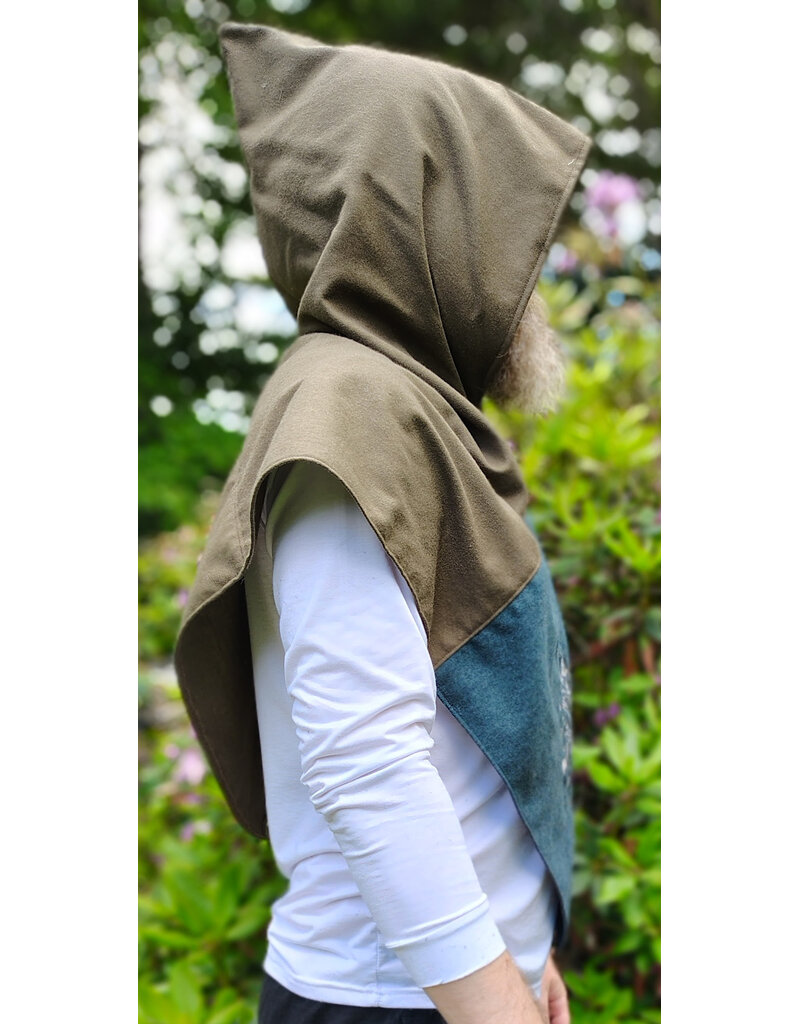 Cloakmakers.com H578-Washable Green Wool Blend Viking Hood w/ Silver Fox Embroidery