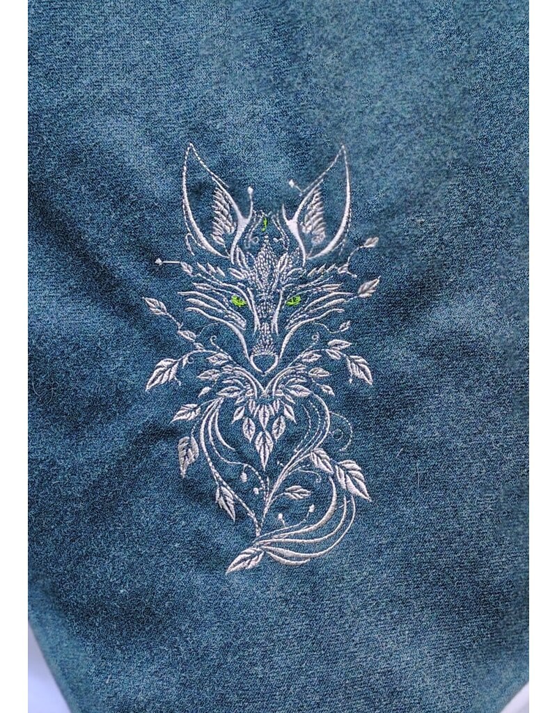 Cloakmakers.com H578-Washable Green Wool Blend Hooded Cowl w/ Silver Fox Embroidery