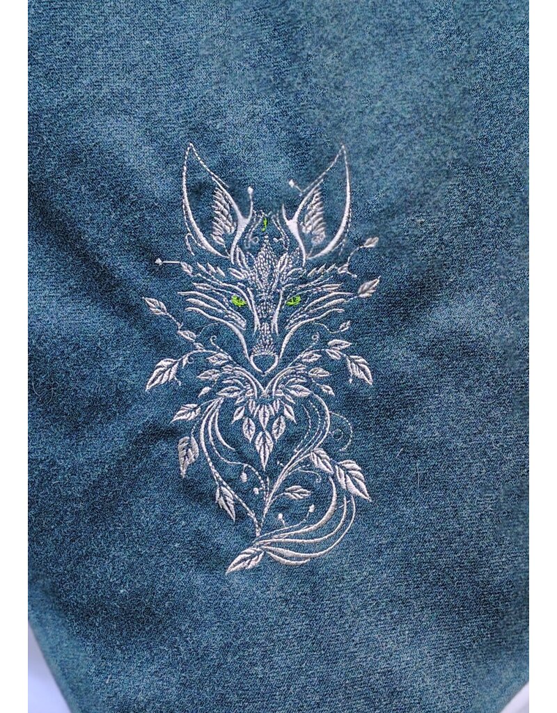 Cloakmakers.com H578-Washable Green Wool Blend Viking Hood w/ Silver Fox Embroidery