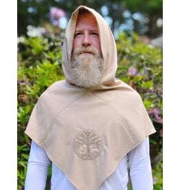 Cloakmakers.com H579-Washable Lightweight Beige Wool Blend Hooded Cowl w/ Tree Of Life Embroidery