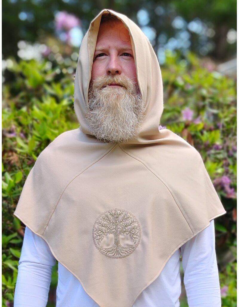 Cloakmakers.com H579-Washable Lightweight Beige Wool Blend Hooded Cowl w/ Tree Of Life Embroidery