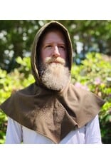 Cloakmakers.com H580-Washable Brown Wool Blend Hooded Cowl w/ Tan Owl & Moon Embroidery