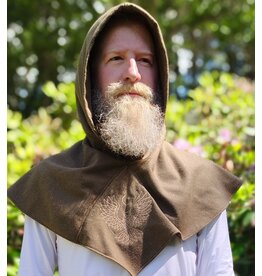 Cloakmakers.com H580-Washable Brown Wool Blend Hooded Cowl w/ Tan Owl & Moon Embroidery