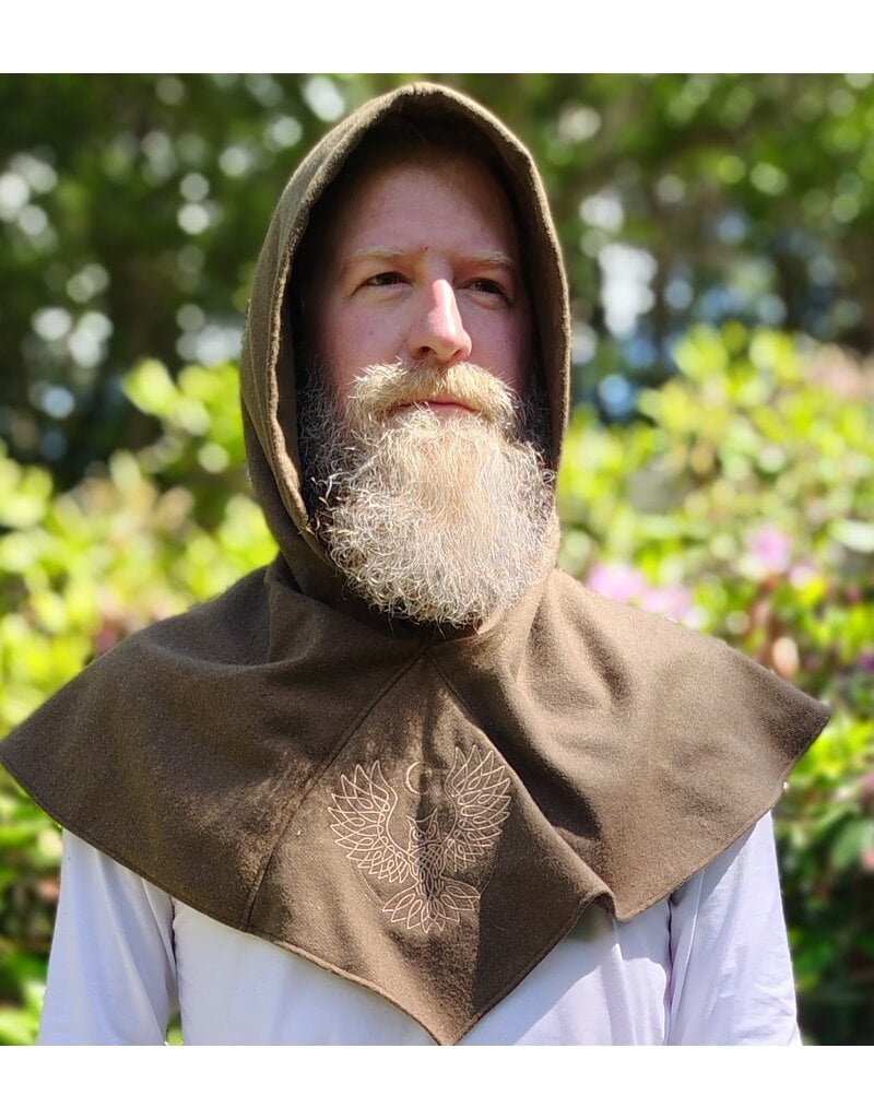 Cloakmakers.com H580-Washable Brown Wool Blend Hooded Cowl w/ Tan Owl & Moon Embroidery