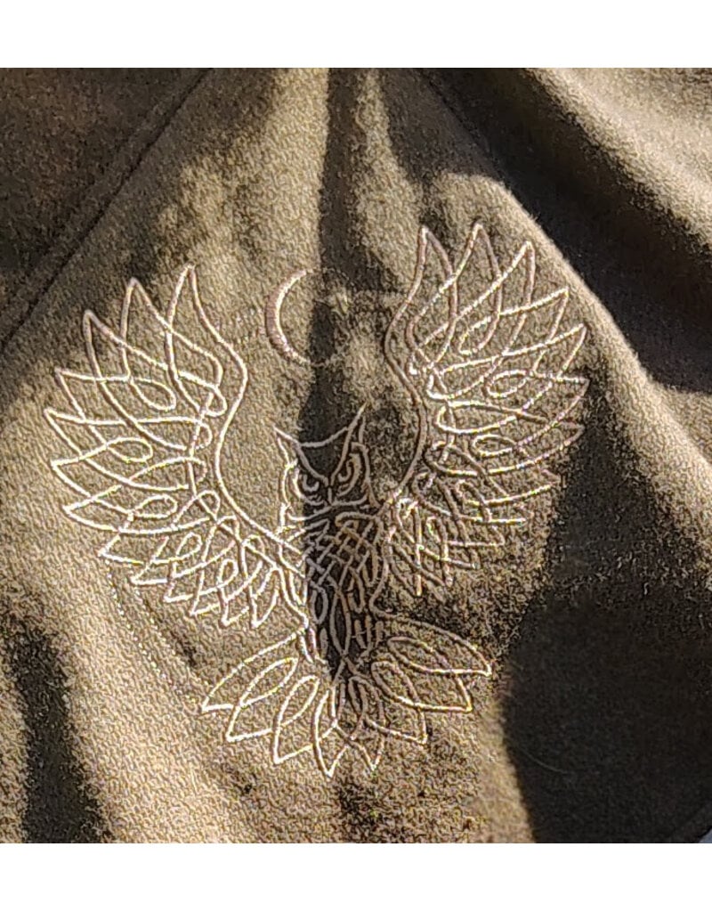 Cloakmakers.com H580-Washable Brown Wool Blend Hooded Cowl w/ Tan Owl & Moon Embroidery