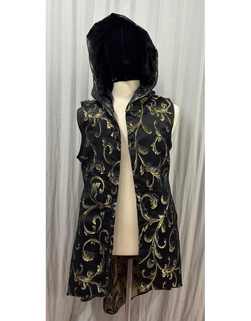 Cloakmakers.com J925-Black and Gold Brocade Hooded Vest w/Pockets