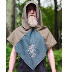 Cloakmakers.com H578-Washable Green Wool Blend Viking Hood w/ Silver Fox Embroidery