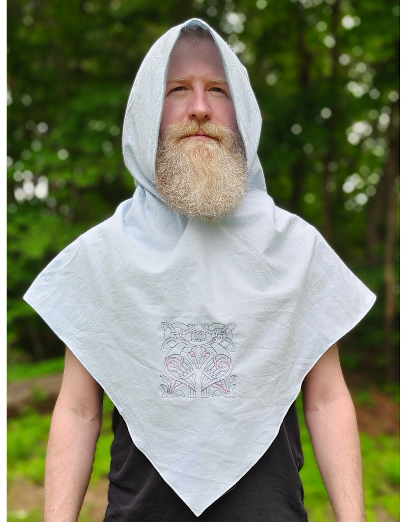 Cloakmakers.com H582-Washable Light Blue Cotton Viking Hood w/Bird Embroidery