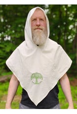 Cloakmakers.com H583-Washable Lightweight Cream Cotton Hooded Cowl w/ Green Embroidery of Tree Of Life