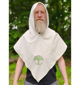 Cloakmakers.com H583-Washable Lightweight Cream Cotton Hooded Cowl w/ Green Embroidery of Tree Of Life