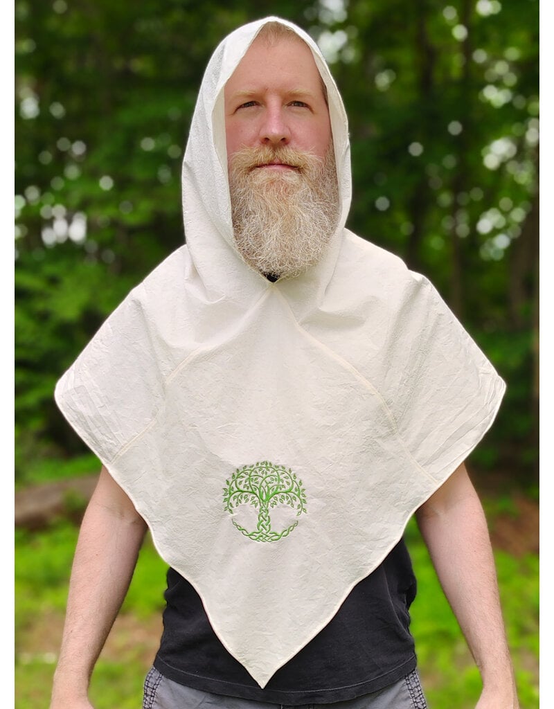 Cloakmakers.com H583-Washable Lightweight Cream Cotton Hooded Cowl w/ Green Embroidery of Tree Of Life