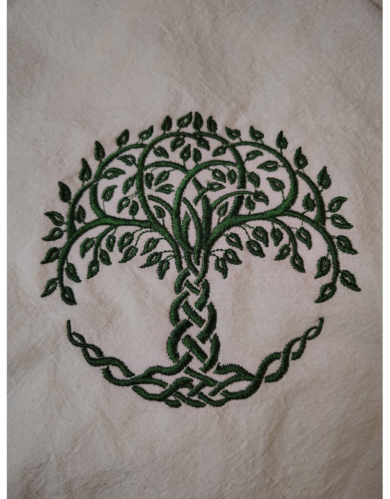 Cloakmakers.com H583-Washable Lightweight Cream Cotton Hooded Cowl w/ Green Embroidery of Tree Of Life