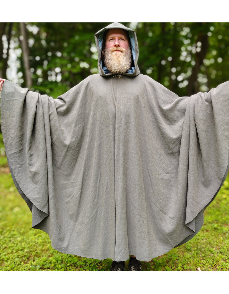 Cloakmakers.com 6071-Washshable Lightweight Blueish Grey Wool Blend Cloak w/ Ocean Blue Velvet Hood Lining & Silver Tone Clasp