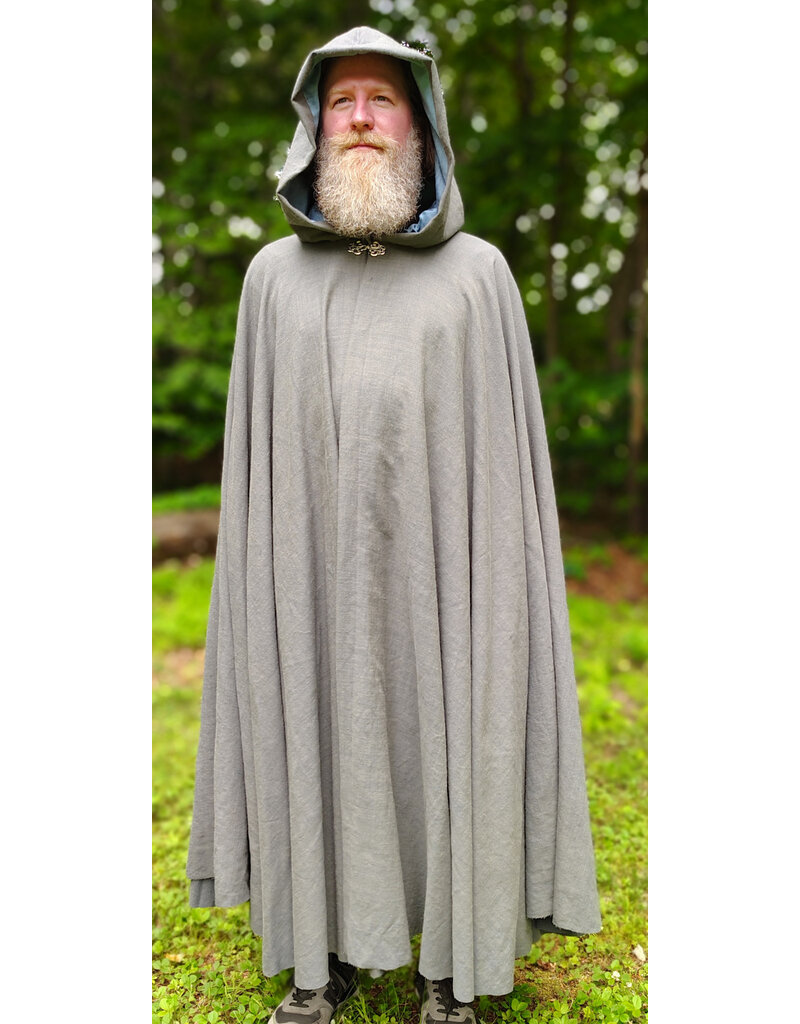 Cloakmakers.com 6071-Washshable Lightweight Blueish Grey Wool Blend Cloak w/ Ocean Blue Velvet Hood Lining & Silver Tone Clasp
