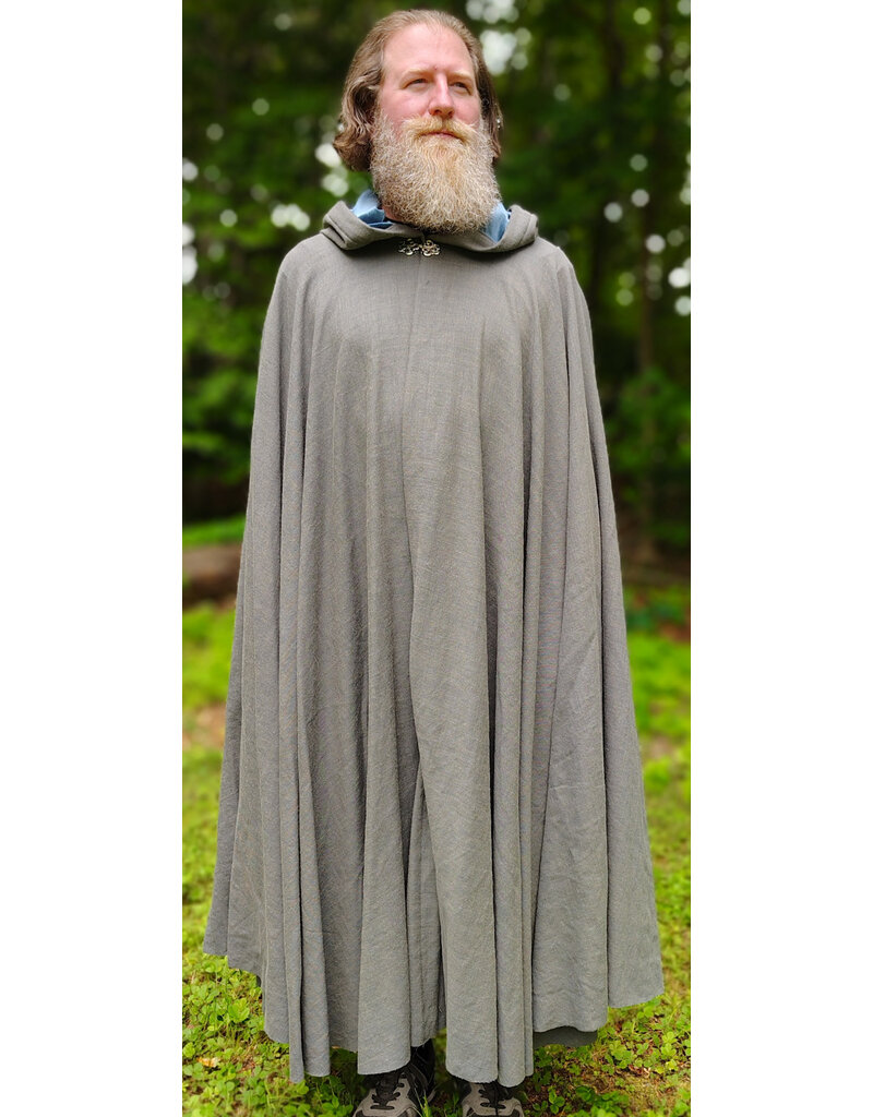 Cloakmakers.com 6071-Washshable Lightweight Blueish Grey Wool Blend Cloak w/ Ocean Blue Velvet Hood Lining & Silver Tone Clasp