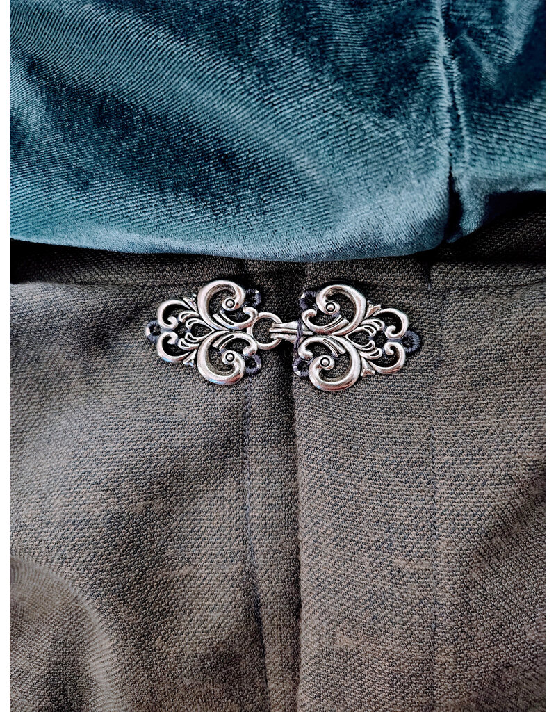 Cloakmakers.com 6071-Washshable Lightweight Blueish Grey Wool Blend Cloak w/ Ocean Blue Velvet Hood Lining & Silver Tone Clasp