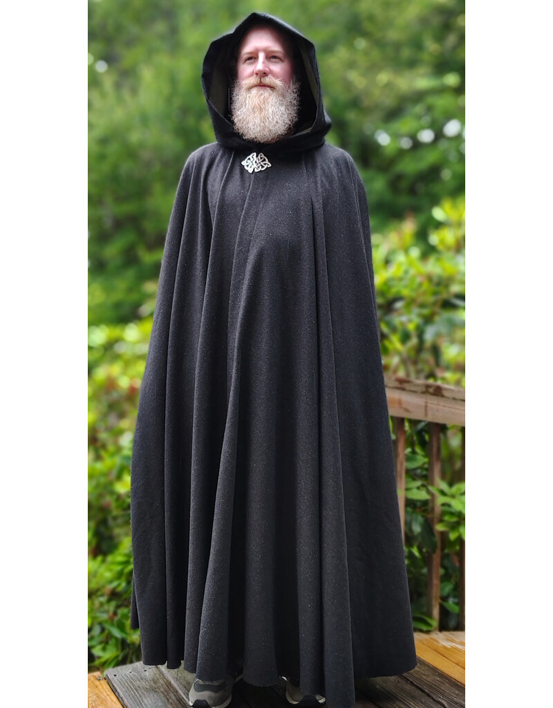 Cloakmakers.com 6074-Washable Charcoal Grey Wool Blend Cloak w/ Olive Green Moleskin Hood Lining & Celtic Triquetra Knot Clasp