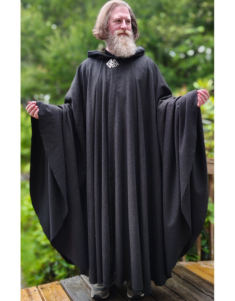 Cloakmakers.com 6074-Washable Charcoal Grey Wool Blend Cloak w/ Olive Green Moleskin Hood Lining & Celtic Triquetra Knot Clasp