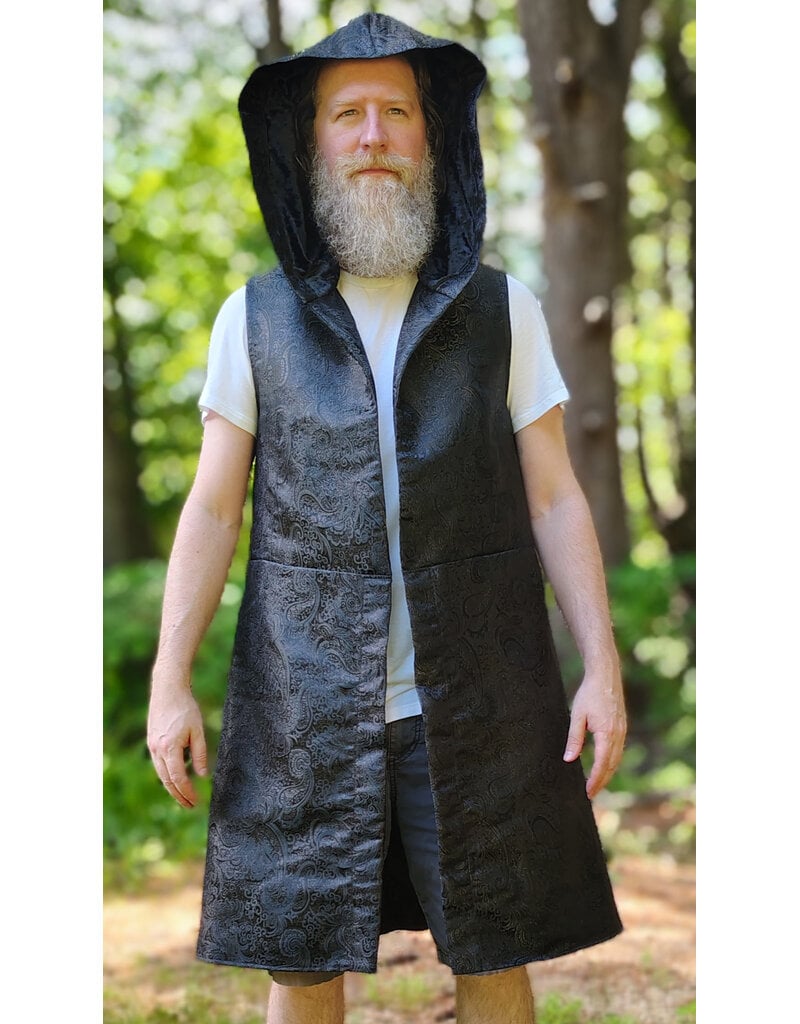 Cloakmakers.com J927-Washable Black Paisley Long Vest w/ Black Velvet Hood Lining & Four Pockets