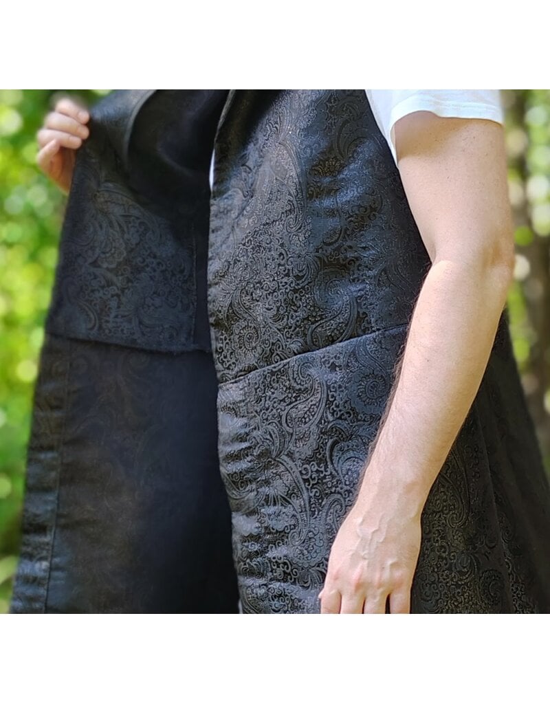 Cloakmakers.com J927-Washable Black Paisley Long Vest w/ Black Velvet Hood Lining & Four Pockets
