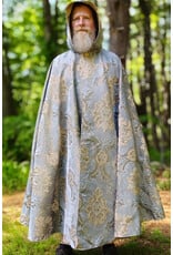 Cloakmakers.com 6075-Washable Blue & Cream Brocade Cloak w/ Tan Velvet Hood Lining & Gold Tones Plus Gold Tone Clasp