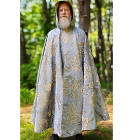 Cloakmakers.com 6075-Washable Blue & Cream Brocade Cloak w/ Tan Velvet Hood Lining & Gold Tones Plus Gold Tone Clasp