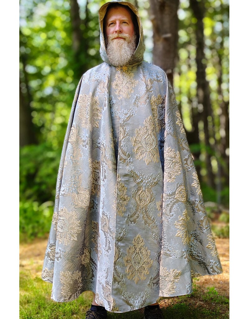 Cloakmakers.com 6075-Washable Blue & Cream Brocade Cloak w/ Tan Velvet Hood Lining & Gold Tones Plus Gold Tone Clasp