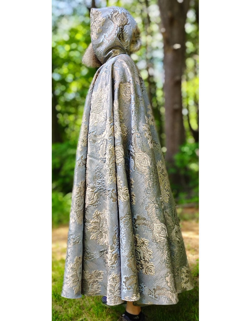 Cloakmakers.com 6075-Washable Blue & Cream Brocade Cloak w/ Tan Velvet Hood Lining & Gold Tones Plus Gold Tone Clasp