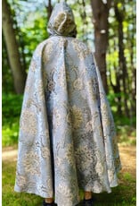 Cloakmakers.com 6075-Washable Blue & Cream Brocade Cloak w/ Tan Velvet Hood Lining & Gold Tones Plus Gold Tone Clasp