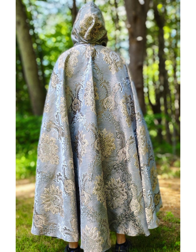 Cloakmakers.com 6075-Washable Blue & Cream Brocade Cloak w/ Tan Velvet Hood Lining & Gold Tones Plus Gold Tone Clasp