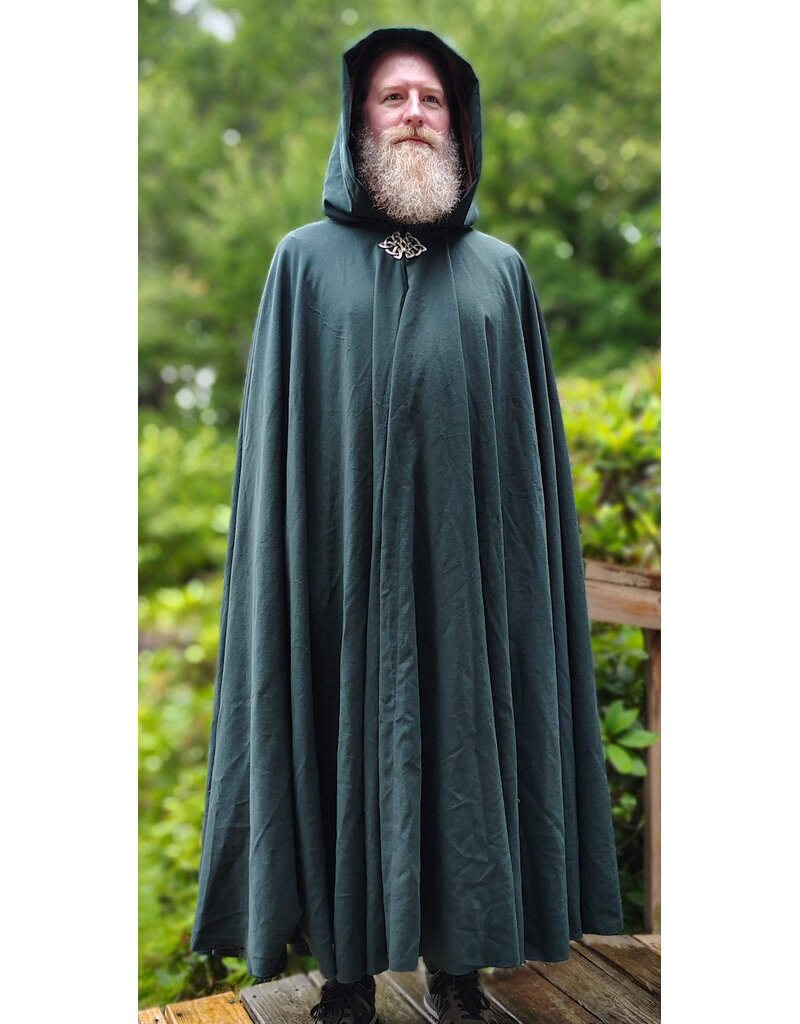Cloakmakers.com 6076-Washable Lightweight Forest Green Wool Cloak w/ Brown Velvet Hood Lining & Celtic Triquetra Knot Clasp