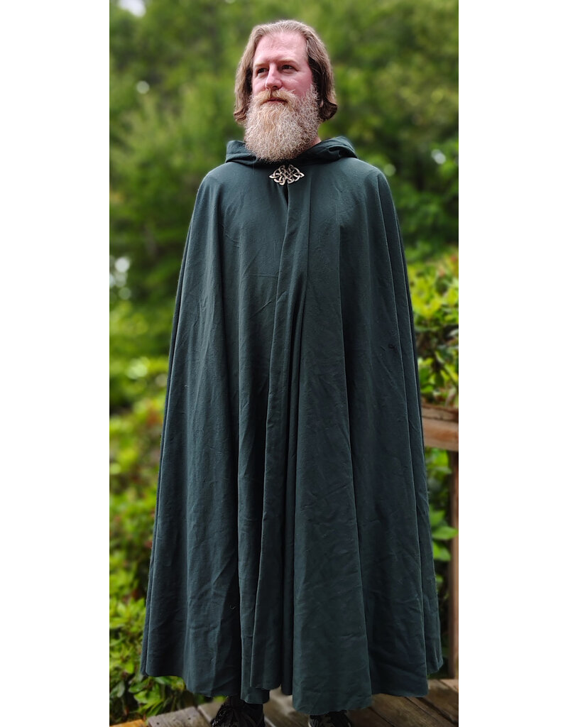 Cloakmakers.com 6076-Washable Lightweight Forest Green Wool Cloak w/ Brown Velvet Hood Lining & Celtic Triquetra Knot Clasp