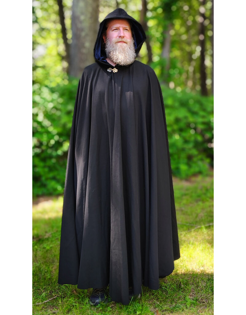Cloakmakers.com 6078-Washable Black Wool Blend Cloak w/ Blue Velvet Hood Lining & Silver Tone Clasp