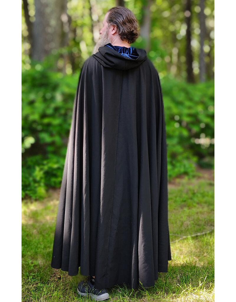 Cloakmakers.com 6078-Washable Black Wool Blend Cloak w/ Blue Velvet Hood Lining & Silver Tone Clasp