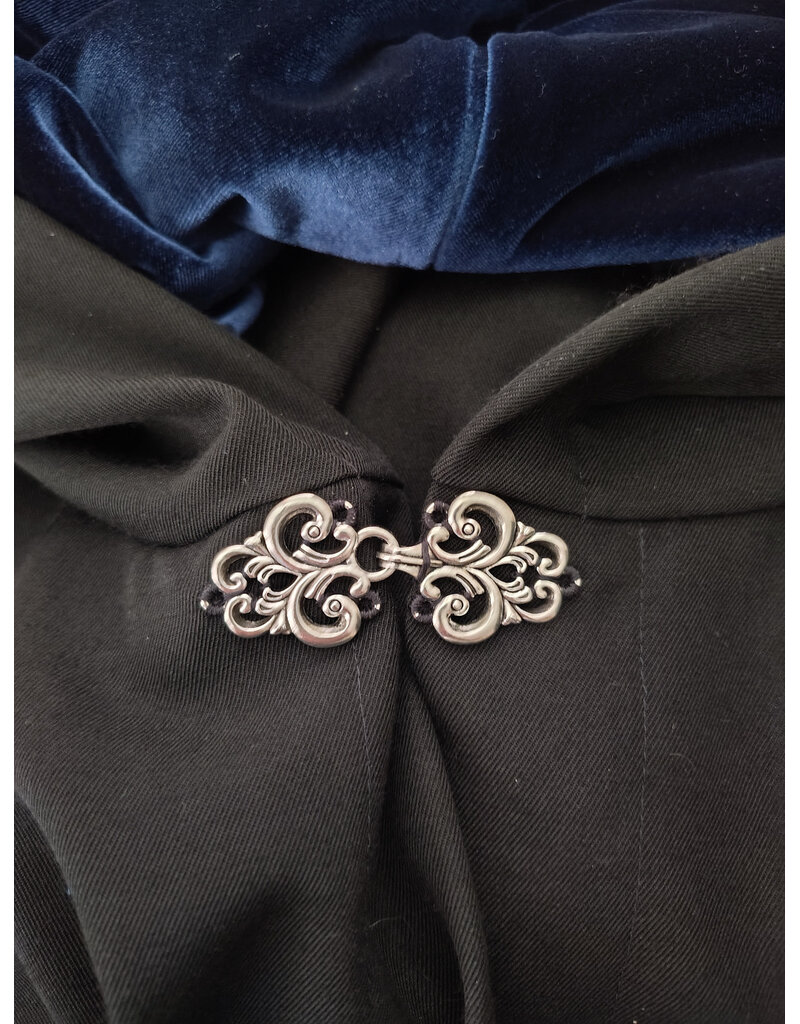 Cloakmakers.com 6078-Washable Black Wool Blend Cloak w/ Blue Velvet Hood Lining & Silver Tone Clasp
