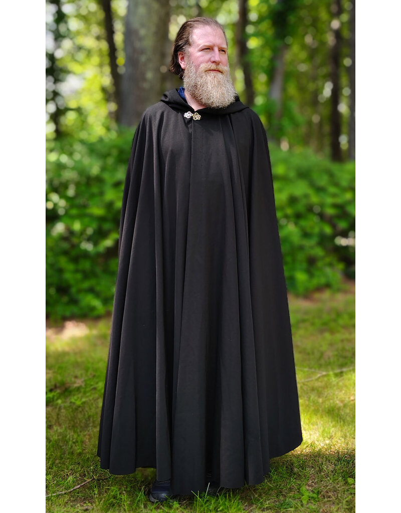 Cloakmakers.com 6078-Washable Black Wool Blend Cloak w/ Blue Velvet Hood Lining & Silver Tone Clasp