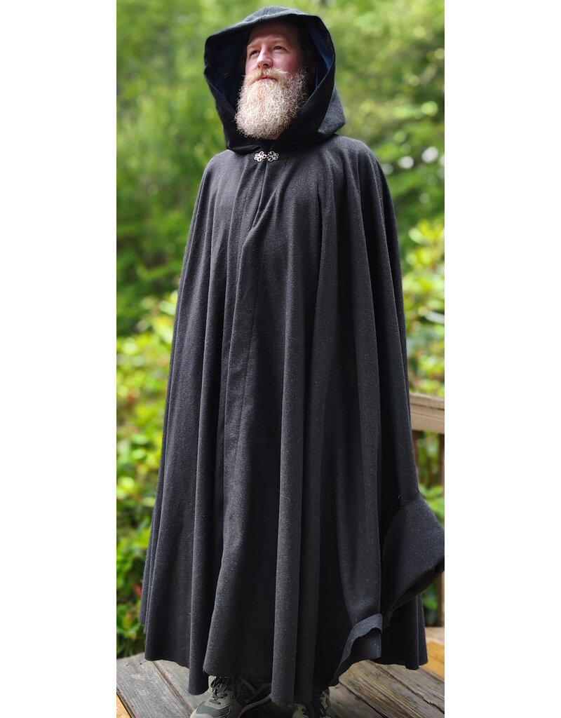 Cloakmakers.com 6073-Washable Charcoal Grey Wool Blend Cloak w/ Blue Velvet Hood Lining & Silver Tone Clasp