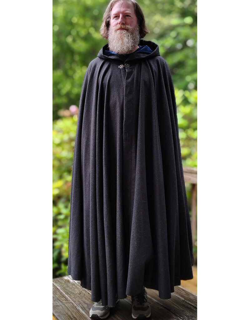 Cloakmakers.com 6073-Washable Charcoal Grey Wool Blend Cloak w/ Blue Velvet Hood Lining & Silver Tone Clasp