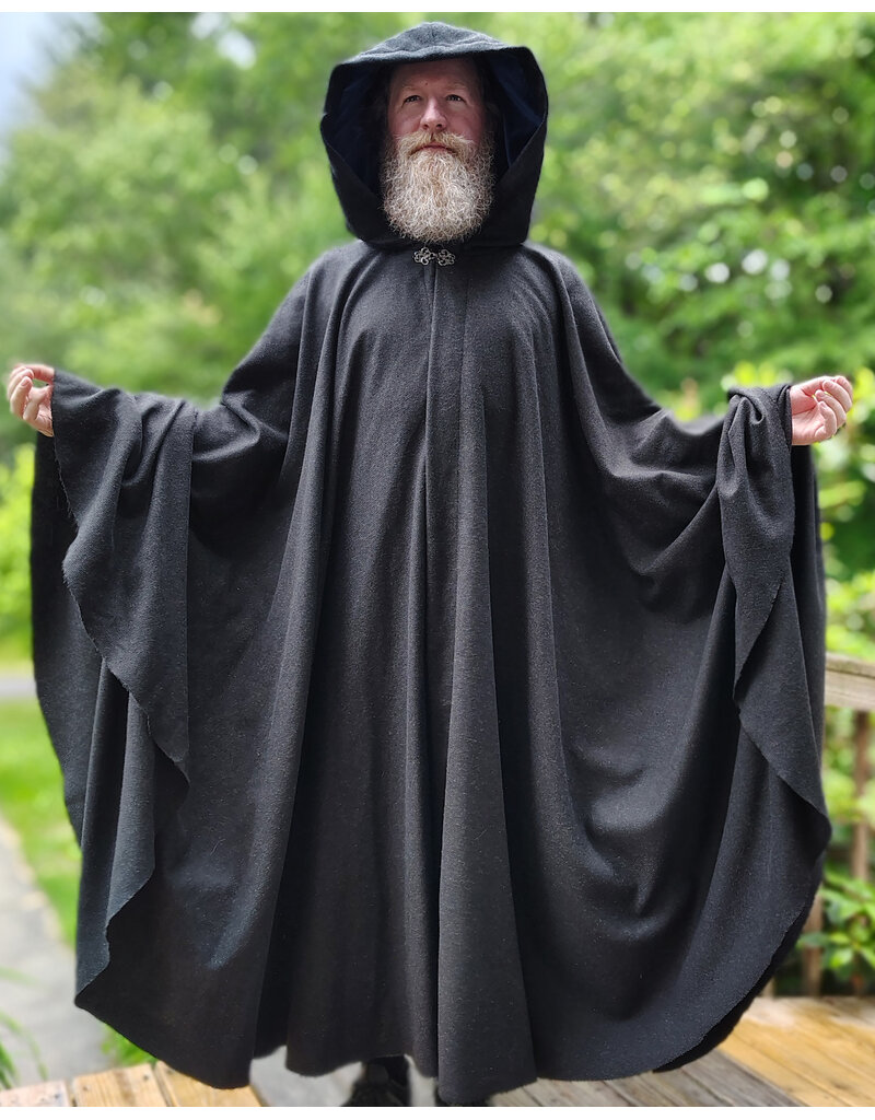 Cloakmakers.com 6073-Washable Charcoal Grey Wool Blend Cloak w/ Blue Velvet Hood Lining & Silver Tone Clasp