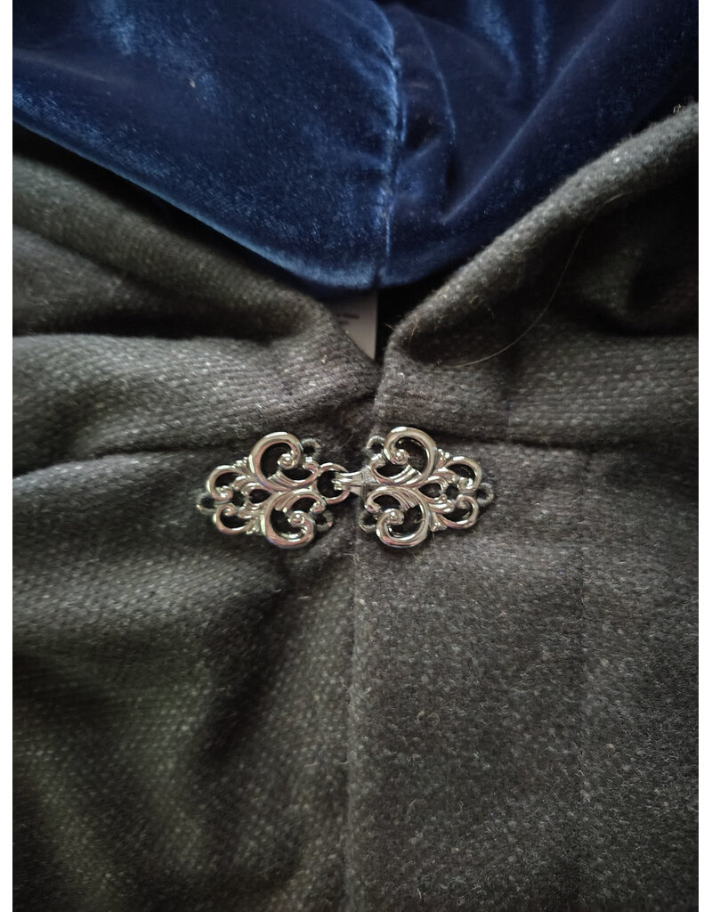 Cloakmakers.com 6073-Washable Charcoal Grey Wool Blend Cloak w/ Blue Velvet Hood Lining & Silver Tone Clasp